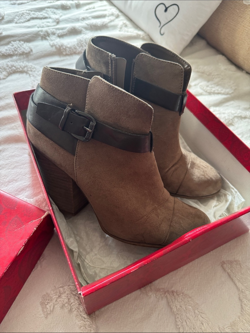 Carlos by Carlos Santana Taupe Suede Ankle Booties with Dark Brown Strap